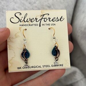 Silver Forest Teal and Gold Drop Earrings with Star Charm